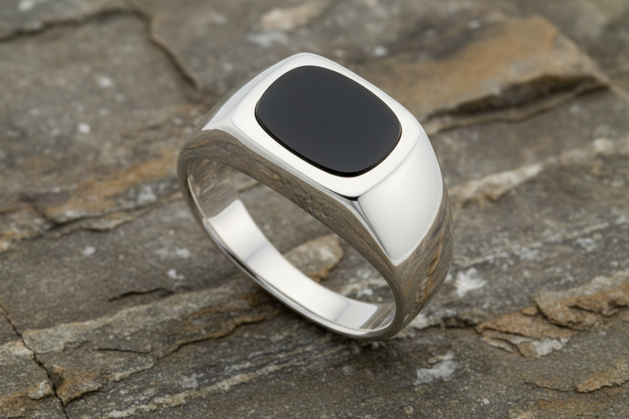 Men's Onyx Signet Ring Gents Solid Sterling Silver Engagement Size P - Z