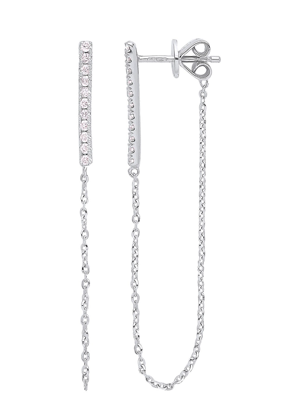 Diamond Bar Drop Earrings – 46mm Elegant Chain Dangle - White Gold Hallmarked