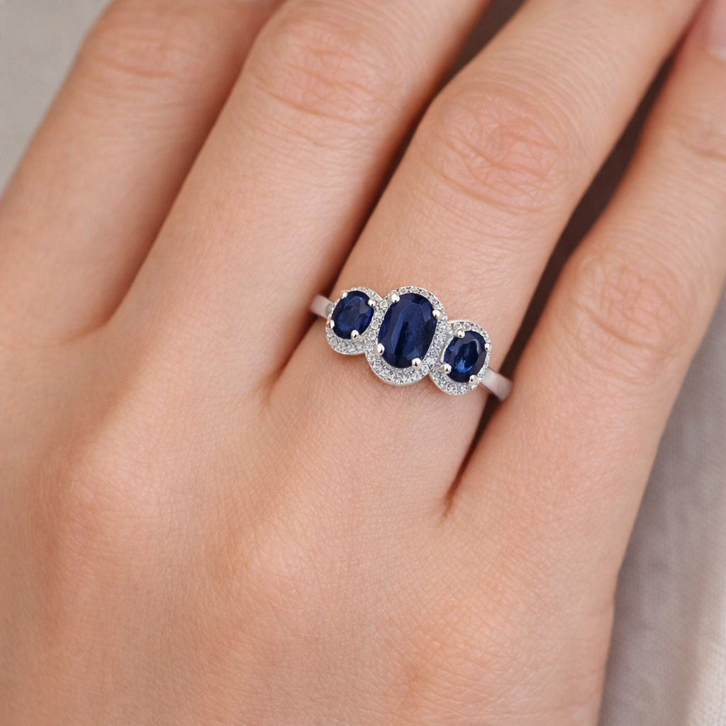 Sapphire and Diamond Ring 9ct White Gold Oval Three Stone Trilogy Size J-Q