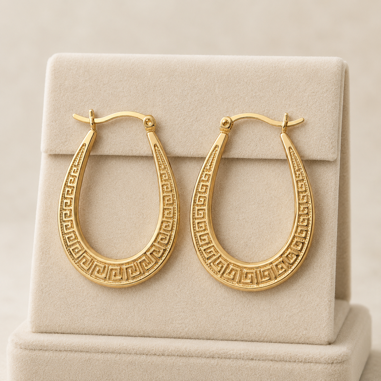 Greek Key Oval Creole Hoop Earrings 18ct Gold on Sterling Silver 925 32mm