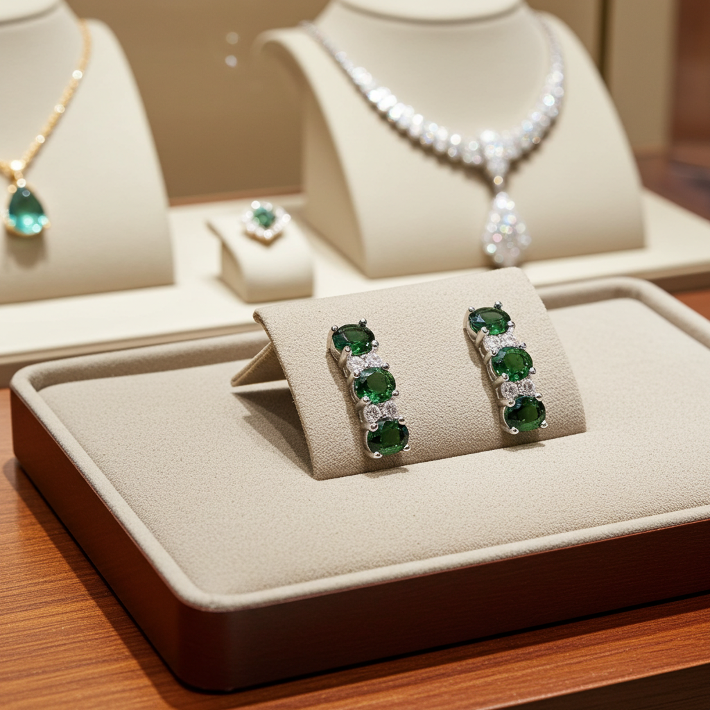 Emerald Drop Stud Earrings Solid Sterling Silver 925 Hallmark