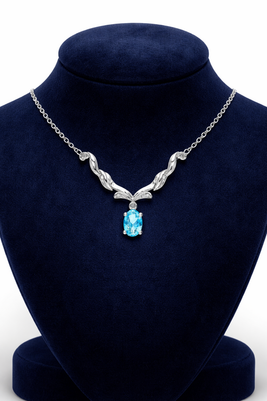 9ct White Gold Sky Blue Topaz Necklace With Diamonds 16.5" 42cm Length Chain