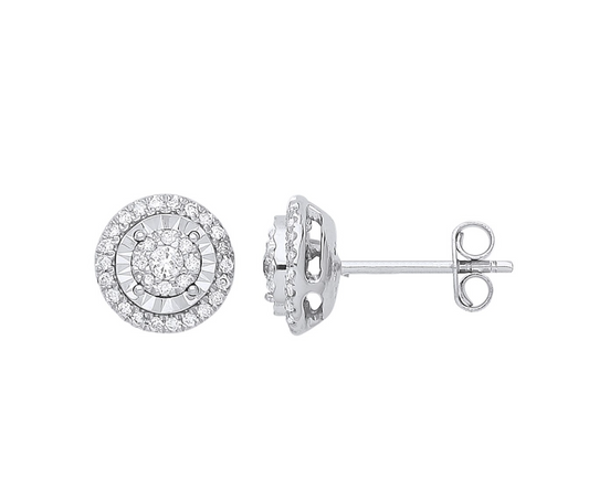 9ct White Gold Multi Circles Stud Diamond 0.36ctw Earrings Hallmarked - 9mm