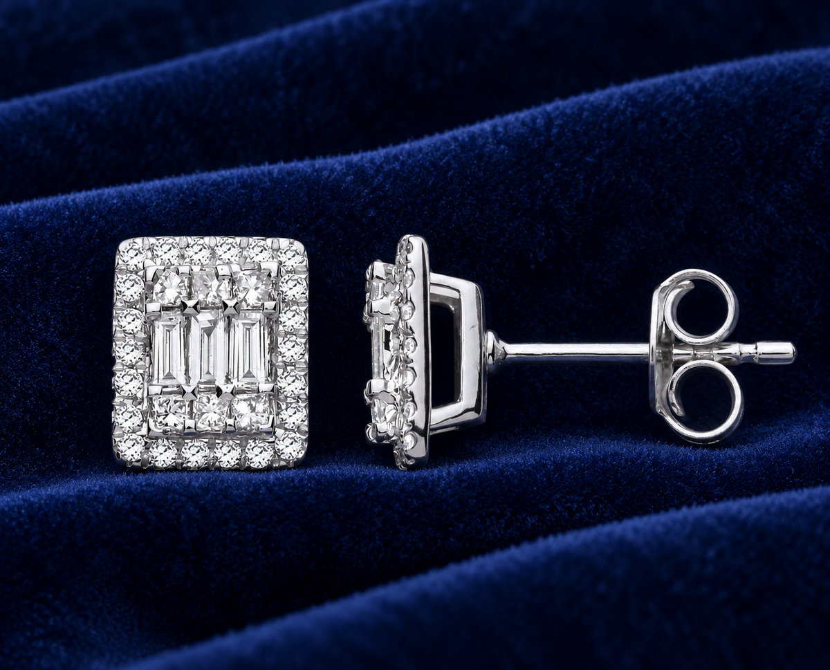 Real Diamond Rectangular Stud Earrings 18ct White Gold 0.50ctw Mined Diamonds