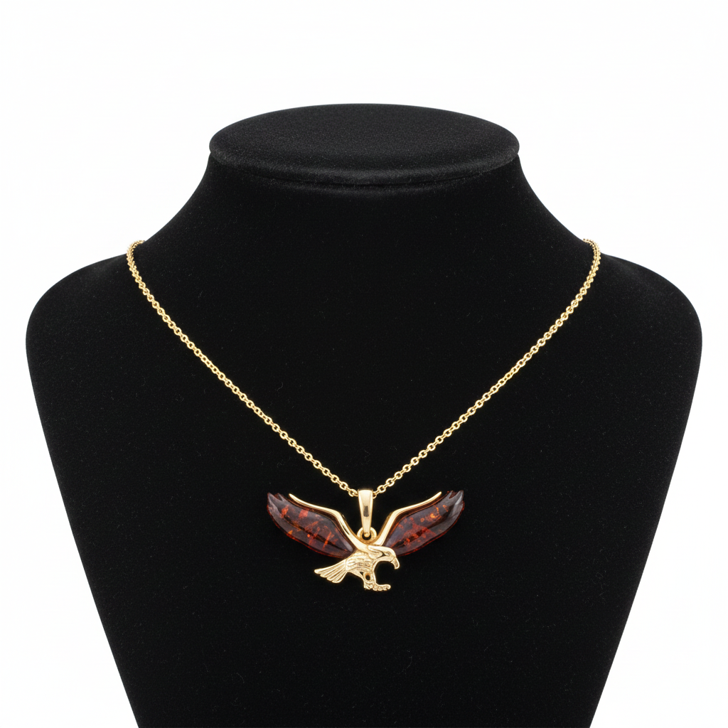 Natural Amber Eagle Pendant 18ct Gold on Solid Sterling Silver 925 18" Chain