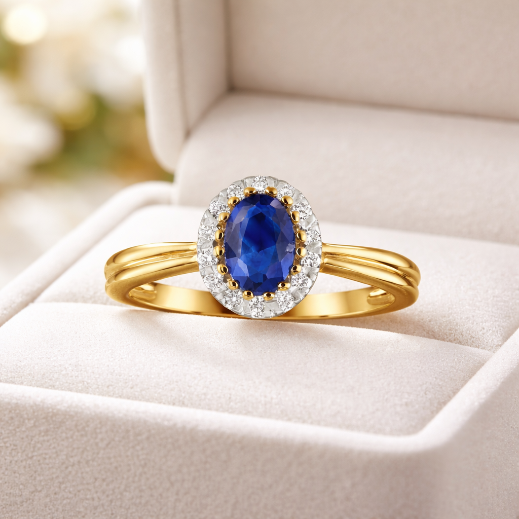 Sapphire and Diamond Cluster Ring 9ct Yellow Gold Oval Engagement Hallmarked
