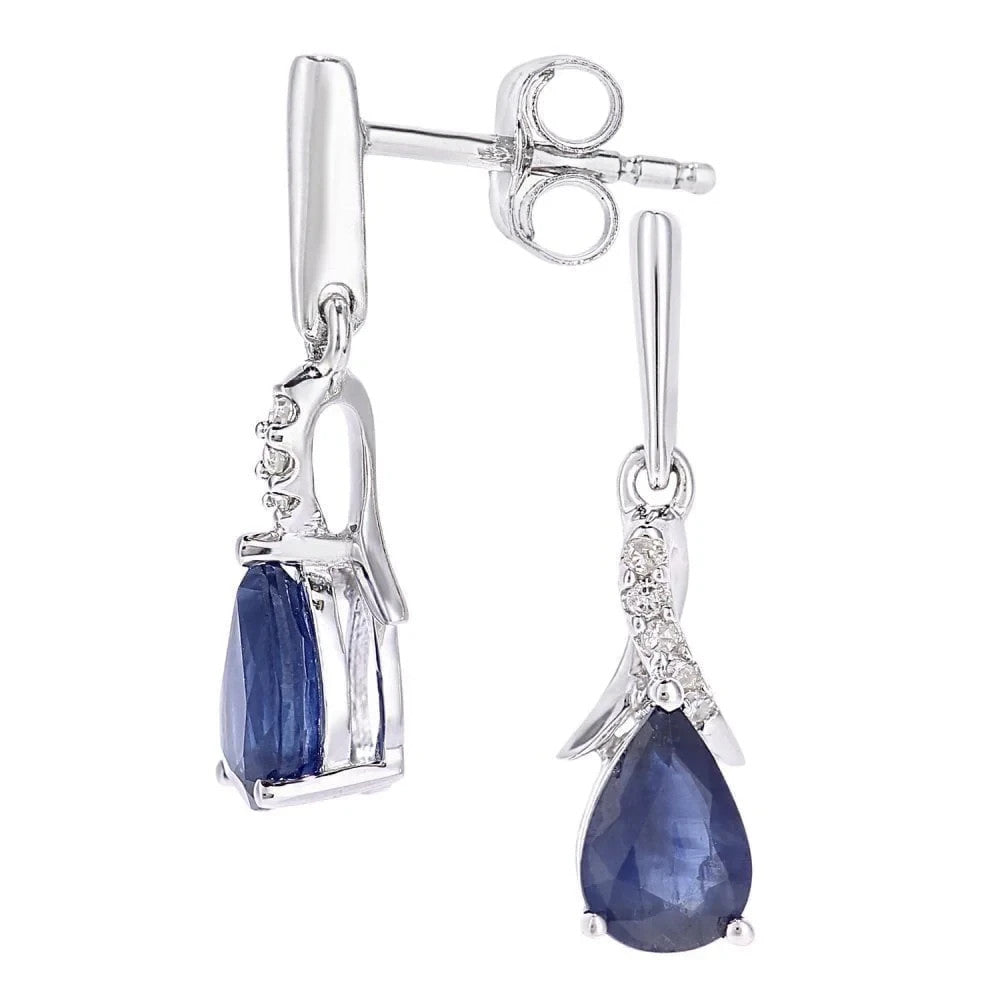 Natural Sapphire and Diamond Earrings Solid 9ct White Gold Teardrops Hallmarked