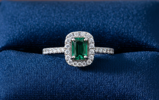 Sterling Silver Emerald Ring Rectangular Halo Engagement 925 Hallmark Size K-S