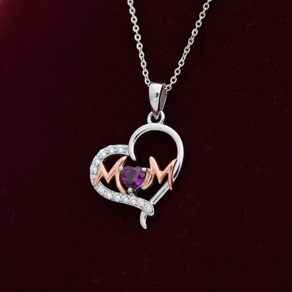 Amethyst Mum Heart Pendant Solid Sterling Silver 925 Hallmark Rose Gold Detail