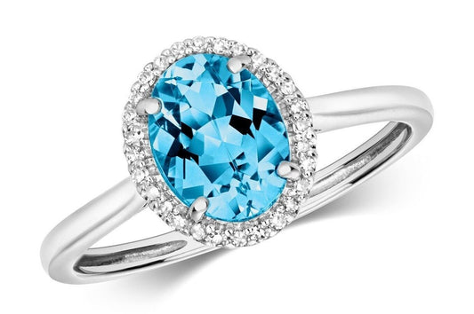Real Swiss Blue Topaz and Diamond Ring Solid White Gold Oval Cluster Size J - Q