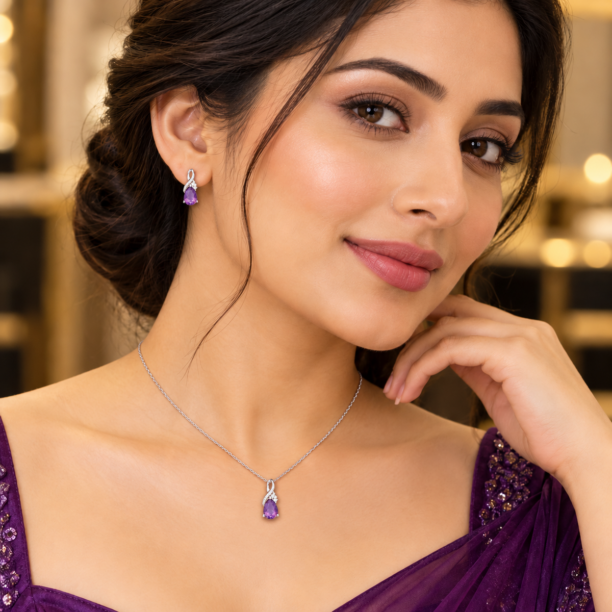 Real Amethyst and Diamond Pendant and Matching Earrings Set Sterling Silver 925