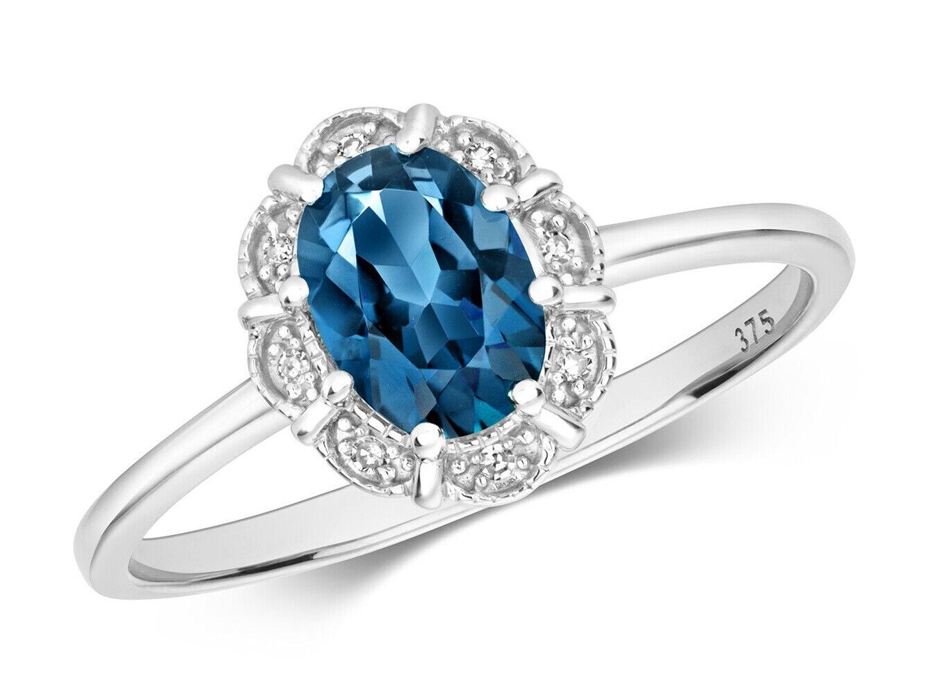 Real London Blue Topaz and Diamond Ring Solid White Gold Cluster Size J - Q