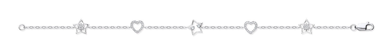 9ct White Gold 0.20ctw Hearts & Stars Diamond Bracelet Made in London