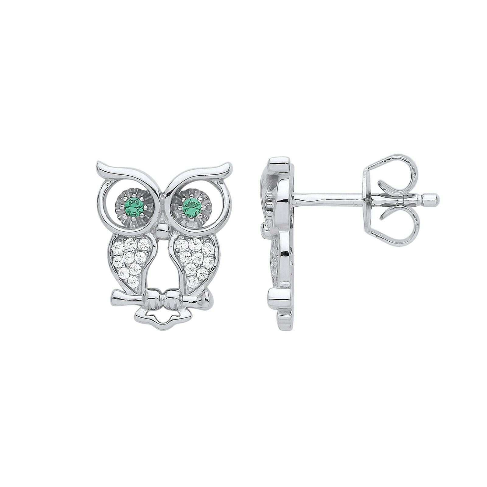 Emerald Owl Stud Earrings Sterling Silver Rhodium Plated 925 Hallmark