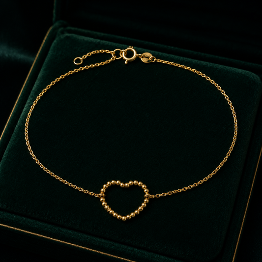 Beaded Open Heart Chain Bracelet 9ct Yellow Gold 375 Hallmark 17.5 - 19cm