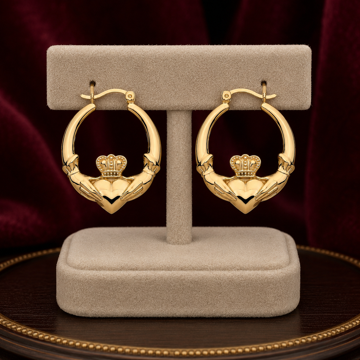 Claddagh Creole Hoop Earrings 18ct Gold on Sterling Silver 30mm 925 Hallmark