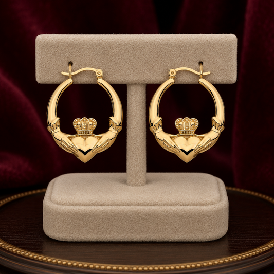 Claddagh Creole Hoop Earrings 18ct Gold on Sterling Silver 30mm 925 Hallmark
