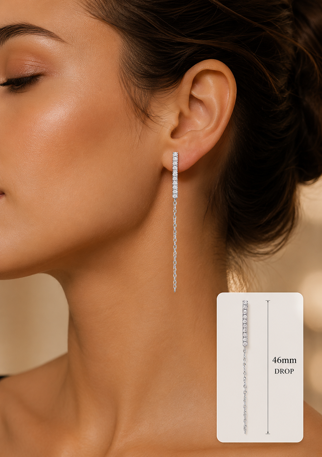 Diamond Bar Drop Earrings – 46mm Elegant Chain Dangle - White Gold Hallmarked