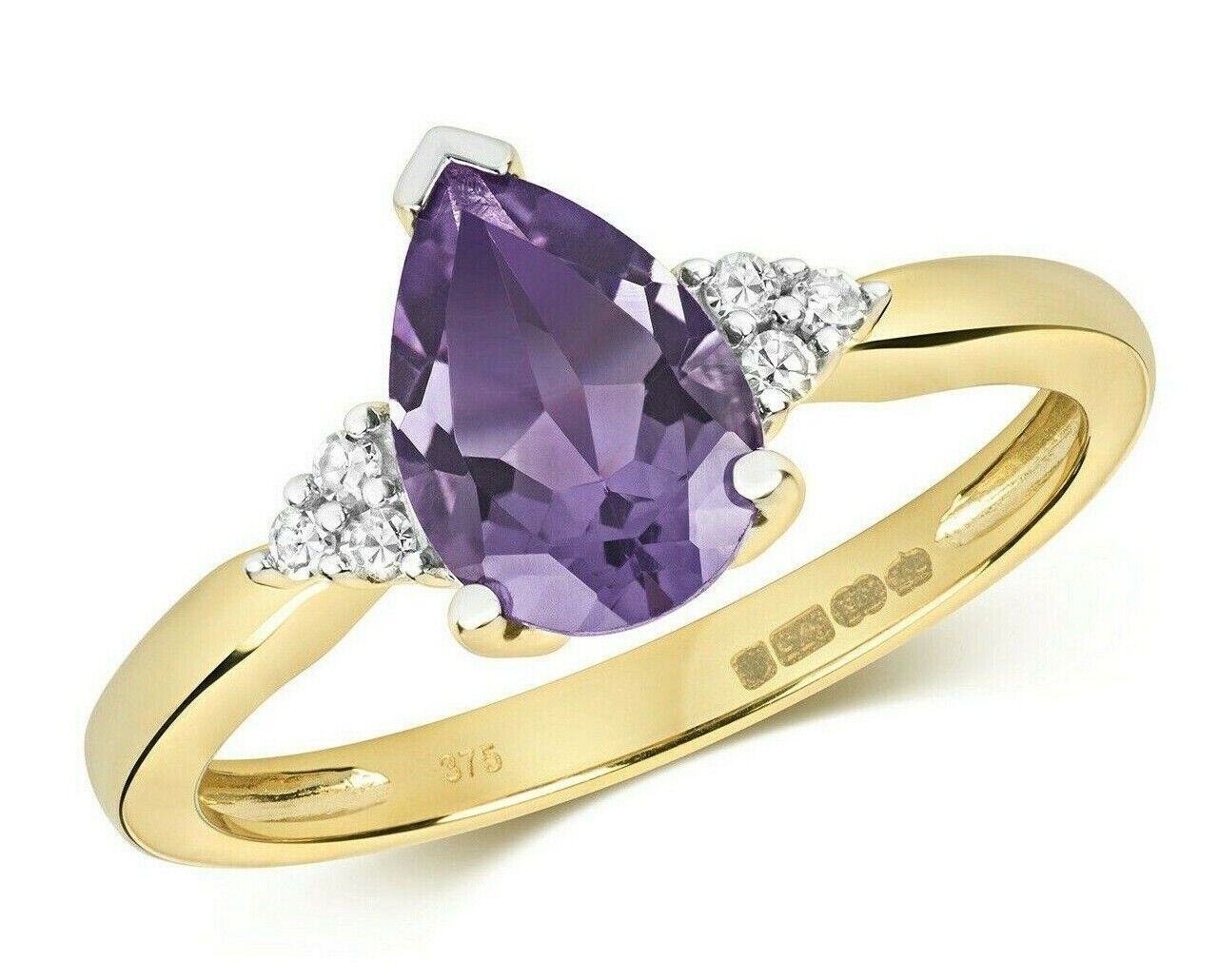 Real Amethyst and Diamond Pear Ring Solitaire Solid Yellow Gold Size J - Q