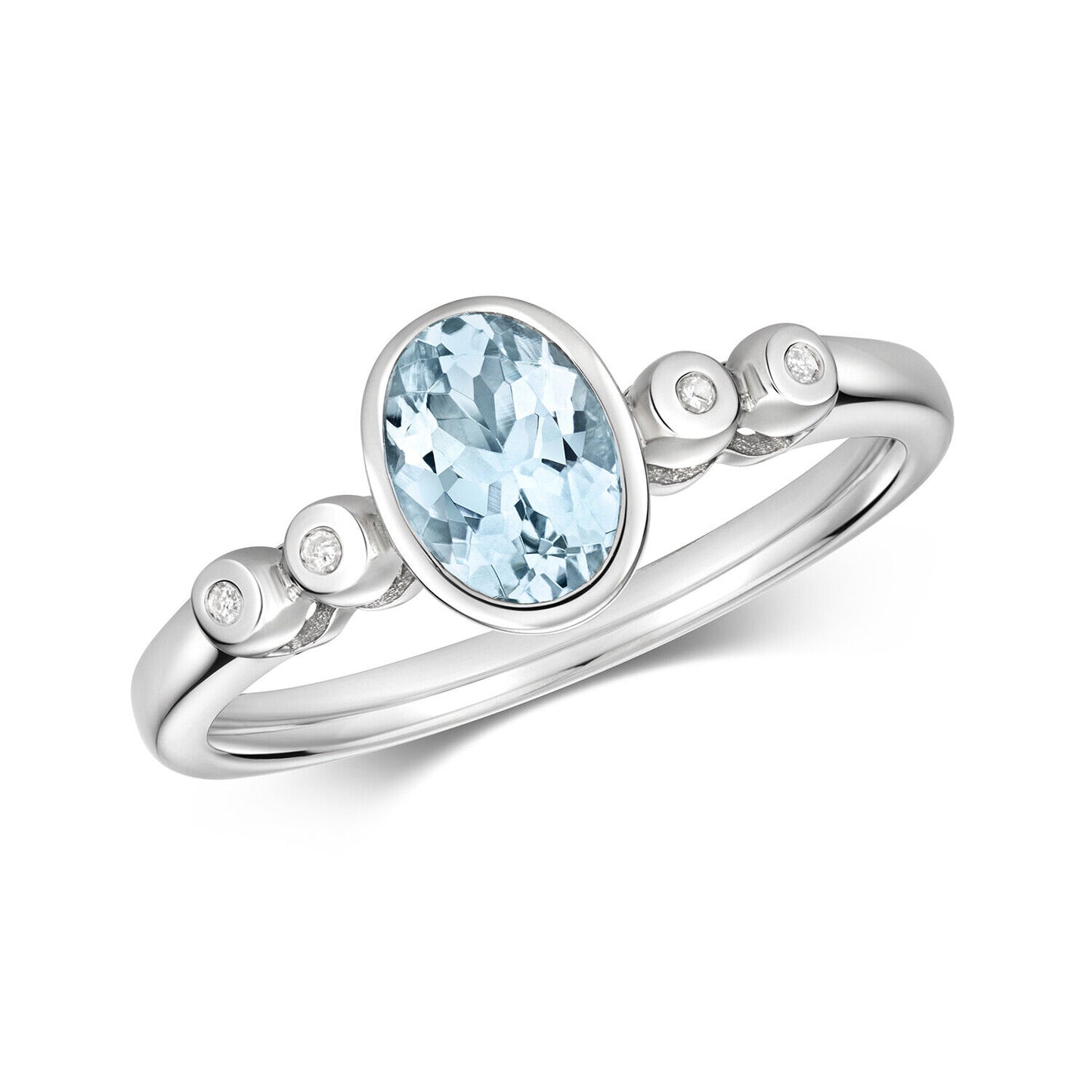 Real Aquamarine and Diamond Ring Solid White Gold Oval Solitaire Size J-Q