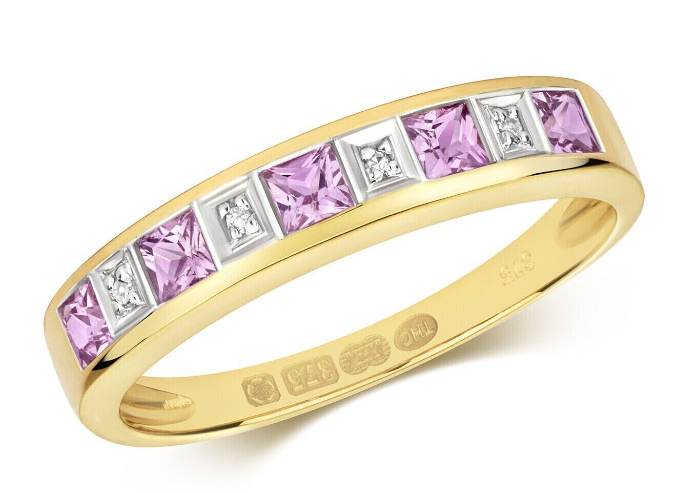 Real Pink Sapphire and Diamond Eternity Ring Solid Yellow Gold Band Size J-Q