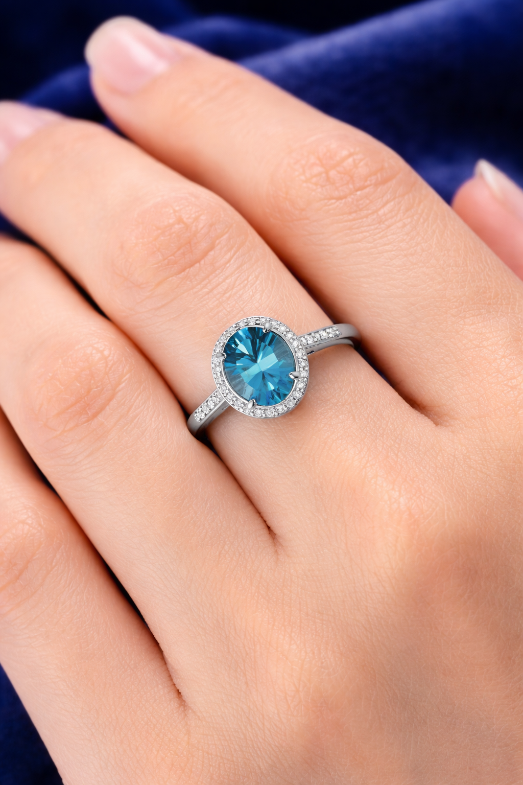 London Blue Topaz and Diamond Ring 9ct White Gold Oval Halo Sizes JKLMNOPQ