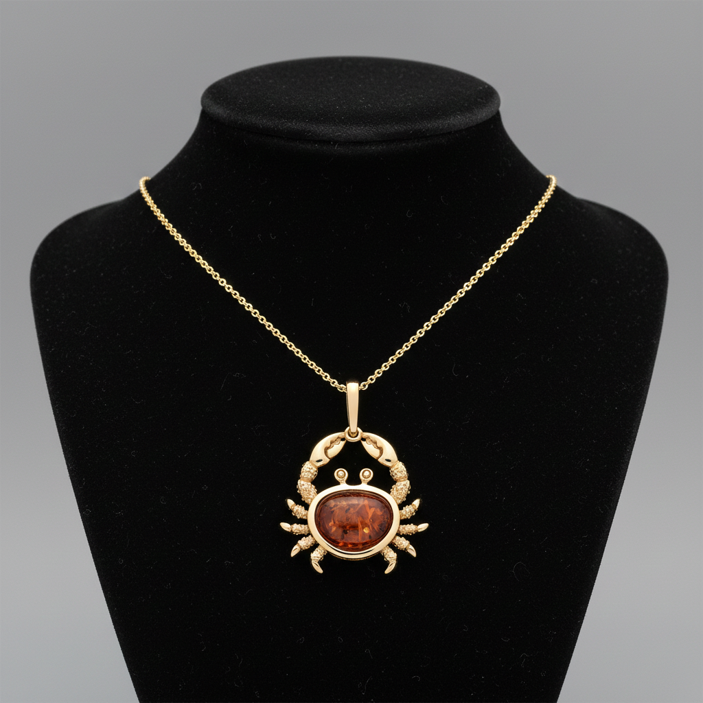 Natural Amber Crab Pendant 18ct Gold on Solid Sterling Silver 925 18" Chain