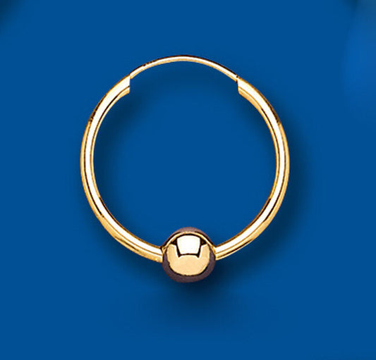 Men's Gold Hoop Earring 18mm Yellow Gold Bead Ball Sleeper