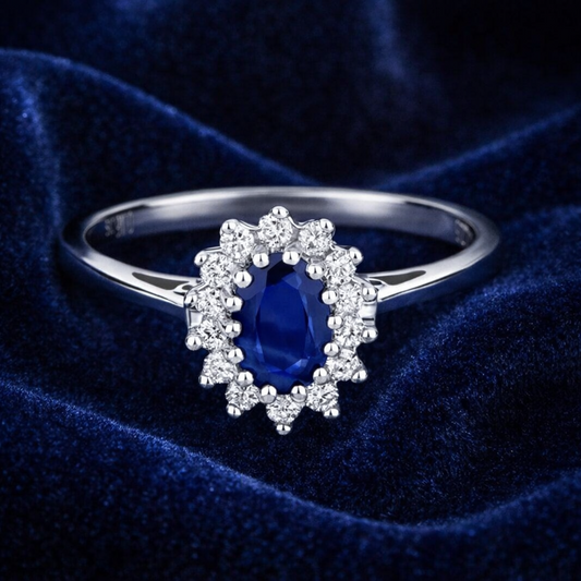 Real Sapphire and Diamond Ring 9ct White Gold Oval Cluster Size J K L M N O P Q