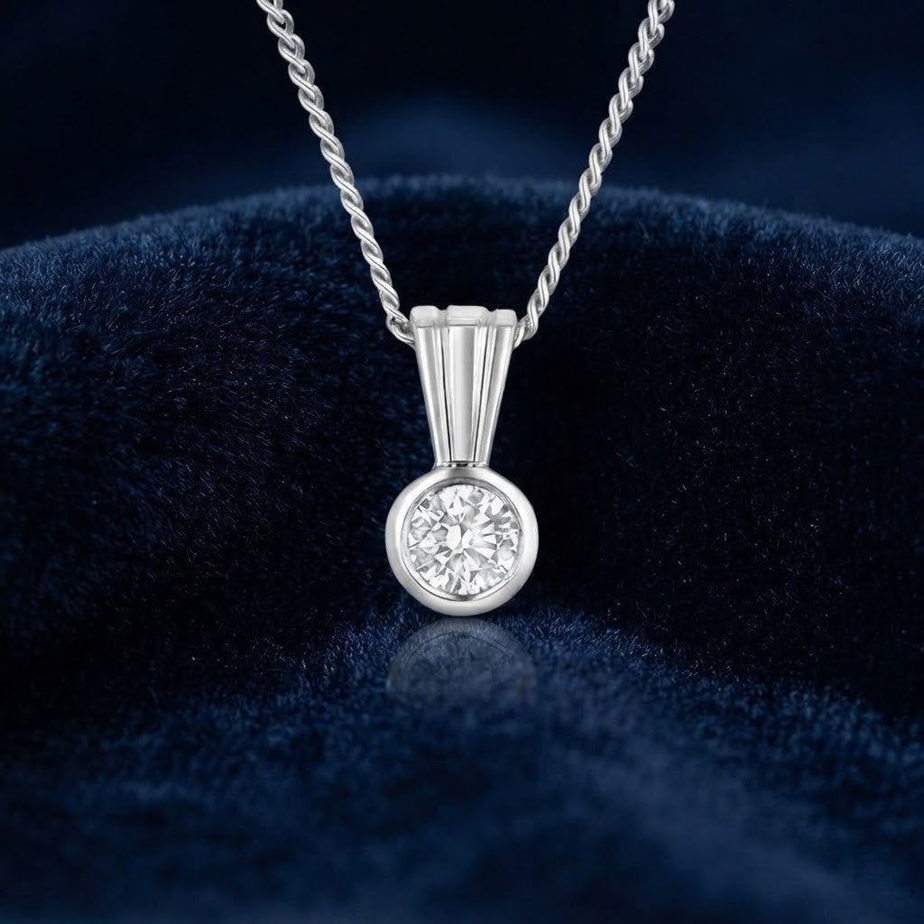 Natural Diamond Solitaire Pendant 18ct White Gold Bezel Smooth Set 18" Chain