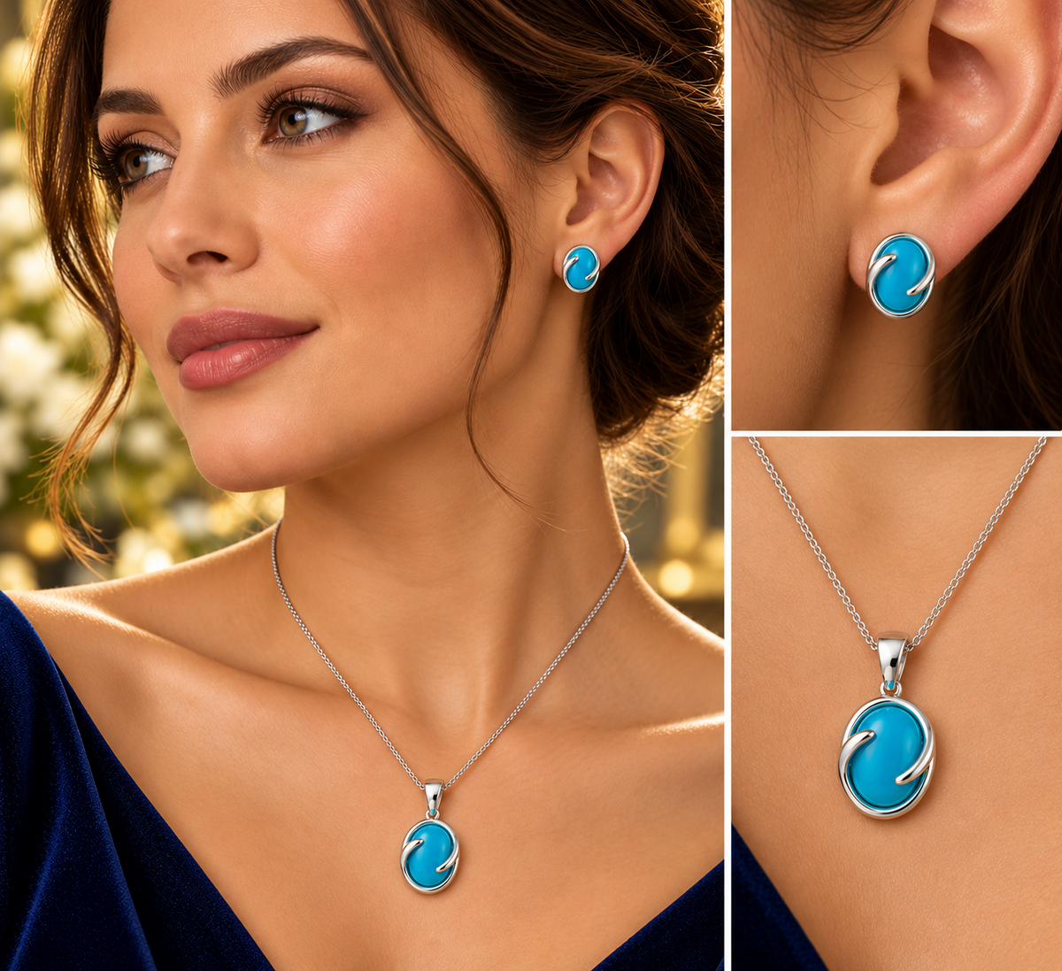 Real Turquoise Matching Set Solid Sterling Silver Pendant and Earrings 18"