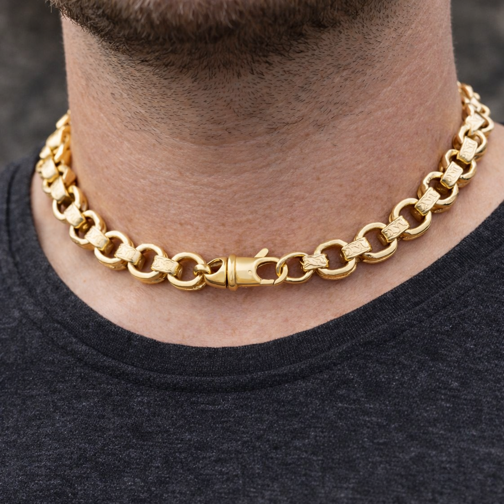 18ct Gold Patterned Belcher Chain on Solid Silver 24" Hallmarked 12.5mm Wide