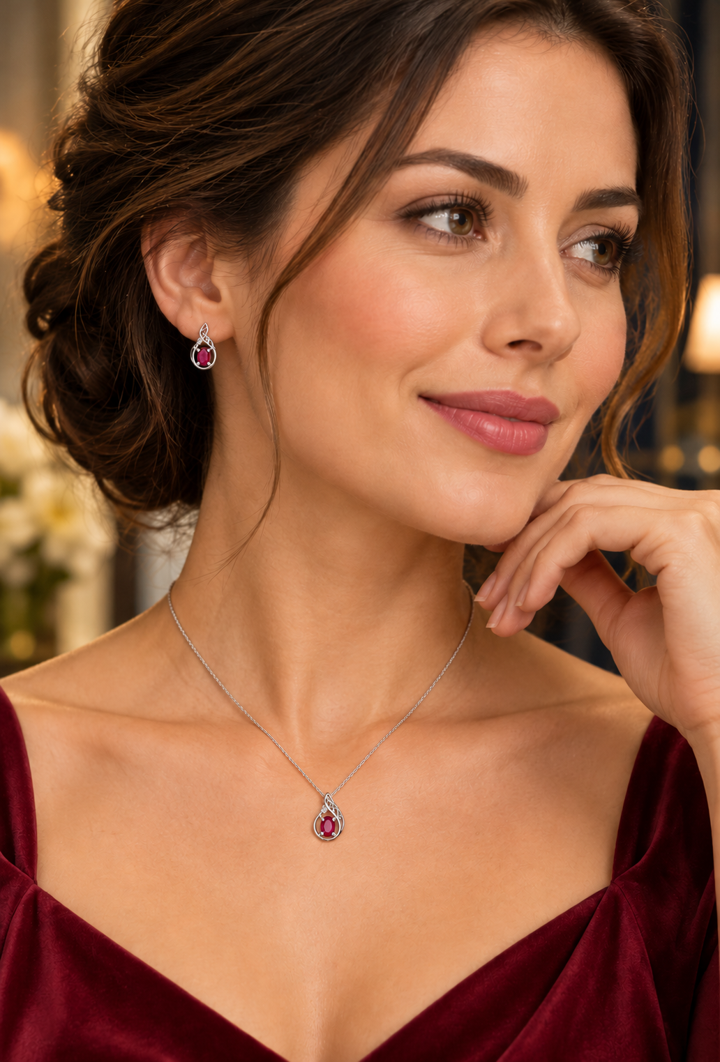 Real Ruby and Diamond Matching Set Pendant and Earrings Teardrop Solid Silver