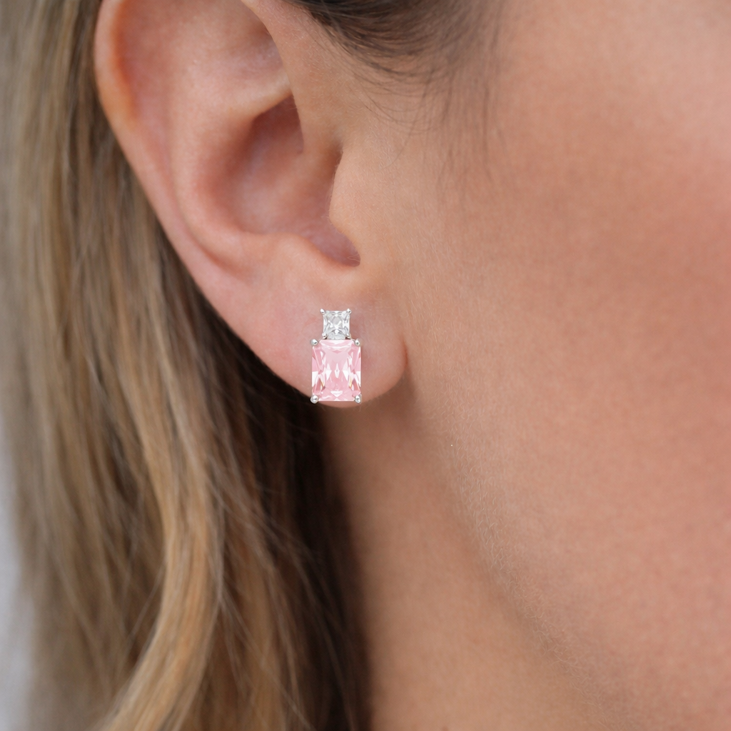 Pink Zircon Stud Earrings Solid Sterling Silver 925 Hallmark Rhodium Finish