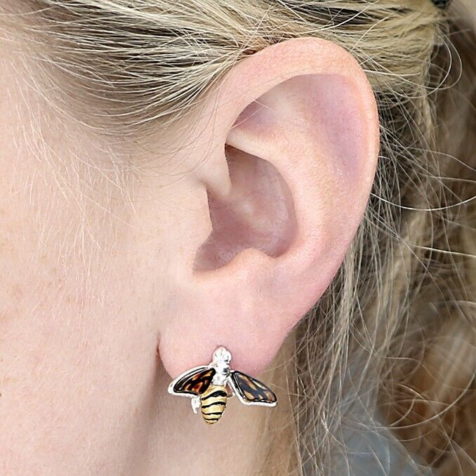 Striking Amber Bee Stud Earrings Solid Sterling Silver 925