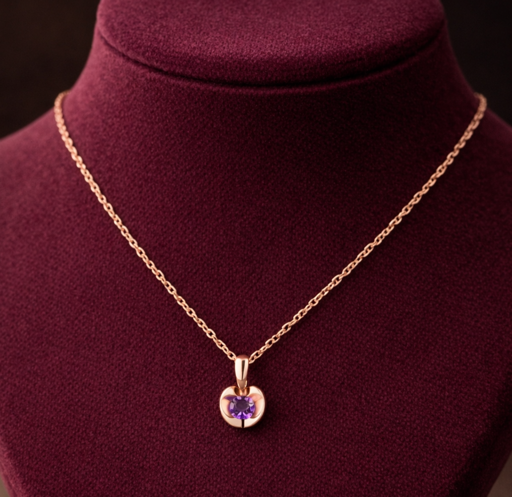 Natural Amethyst Heart Necklace Solid Rose Gold 18" 46cm Length Chain