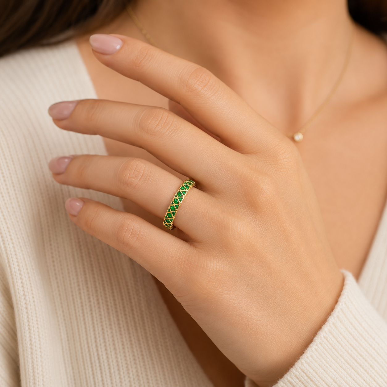 9k Yellow Gold Emerald Heart Eternity Band Stackable Ring Sizes KLMNOPQRS