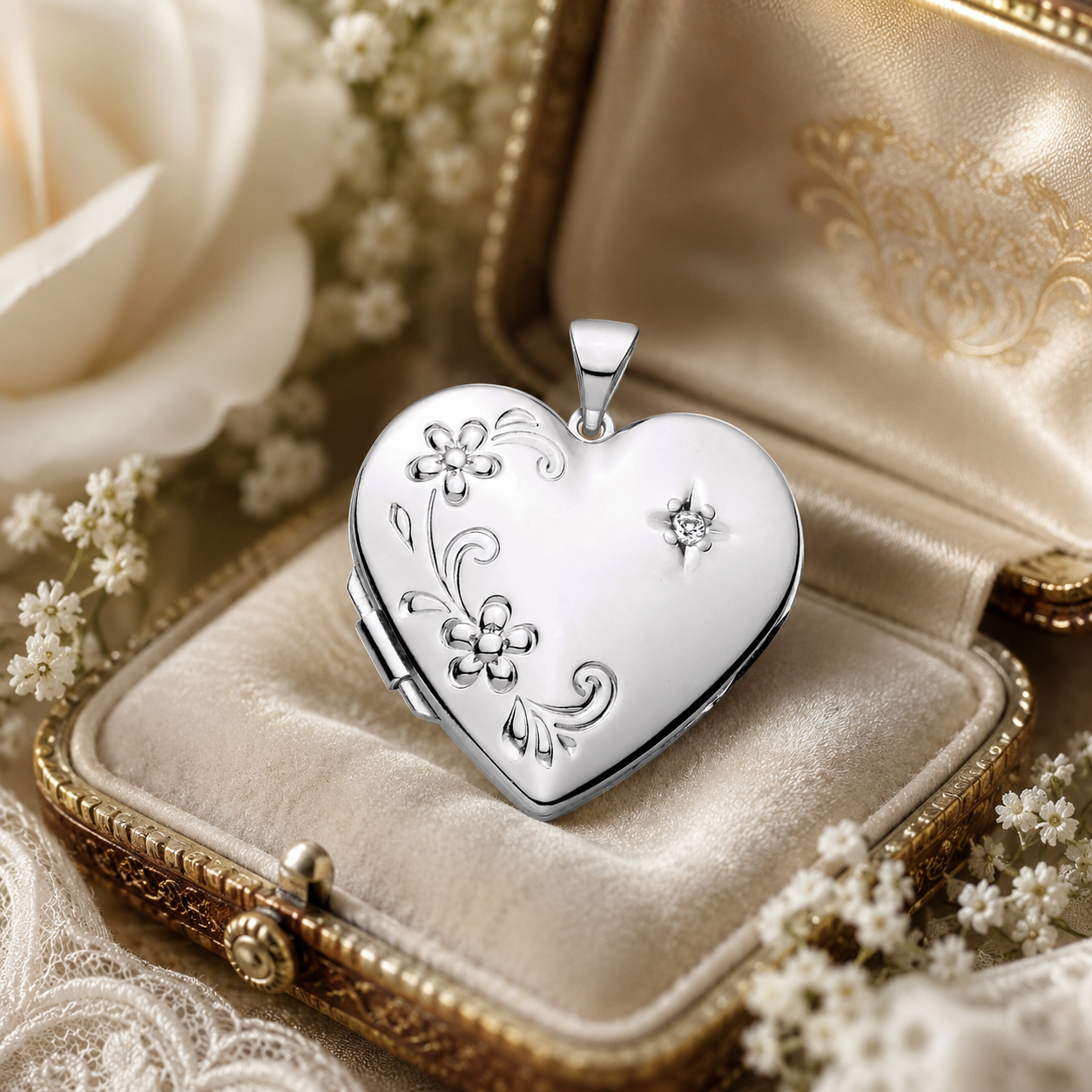 Heart Floral Locket Pendant with Natural Diamond Solid Sterling Silver 18" Chain