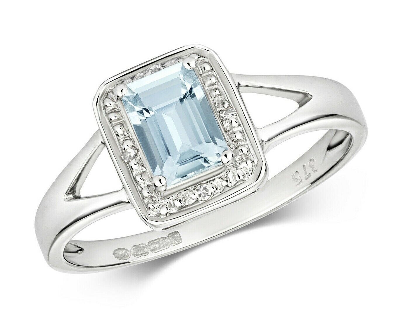 Real Aquamarine and Diamond Ring Solid White Gold Emerald Cut Cluster Size J-Q