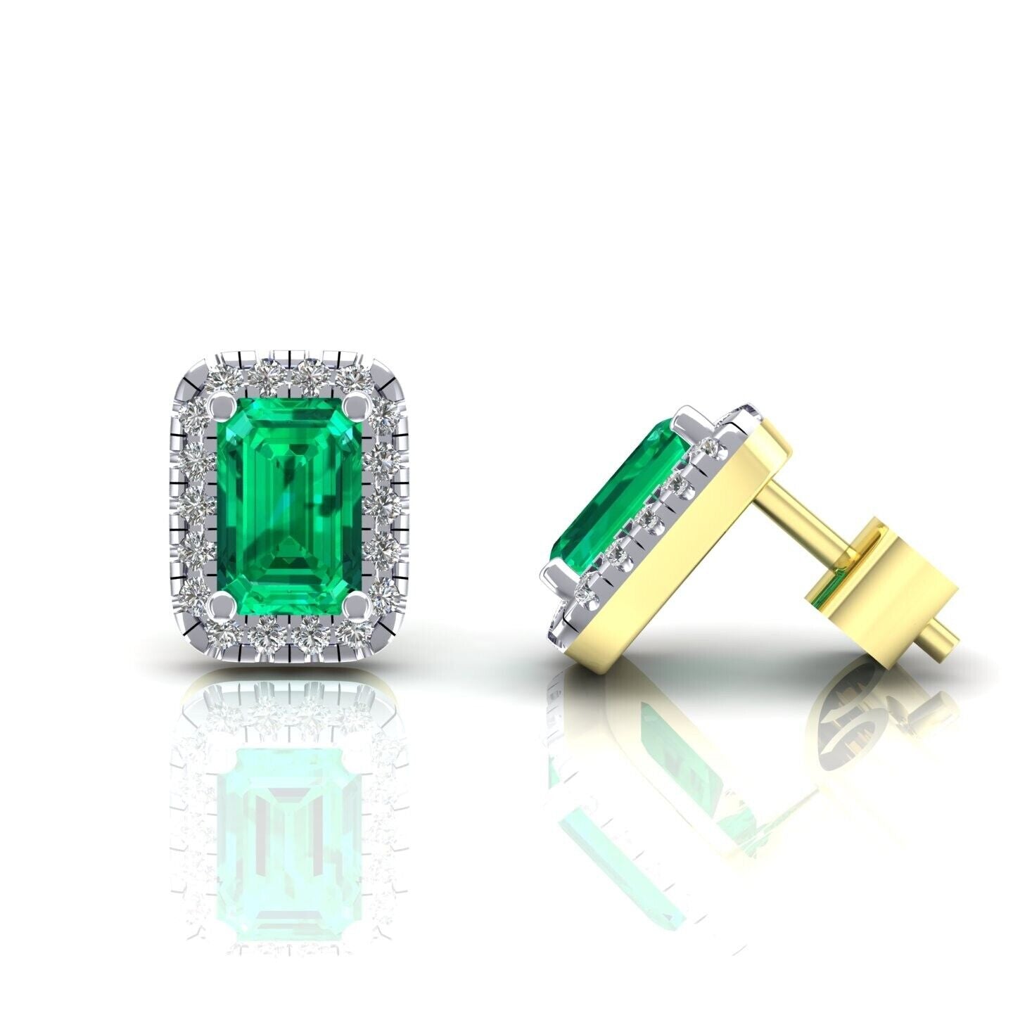 9ct Yellow Gold Emerald Cluster Stud Earrings Emerald Cut Studs Hallmarked