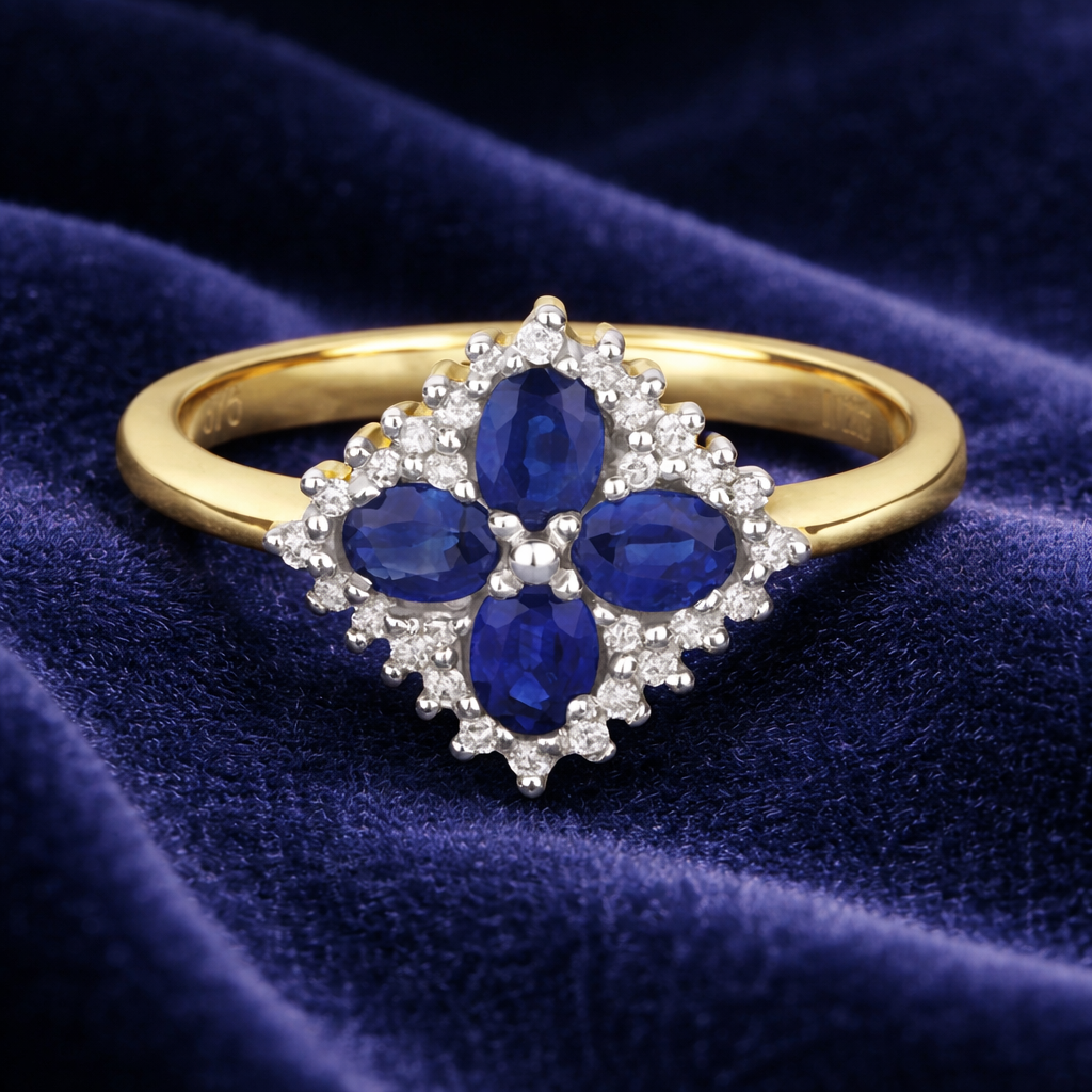 Sapphire and Diamond Ring 9ct Yellow Gold Square Cluster Size JKLMNOPQ