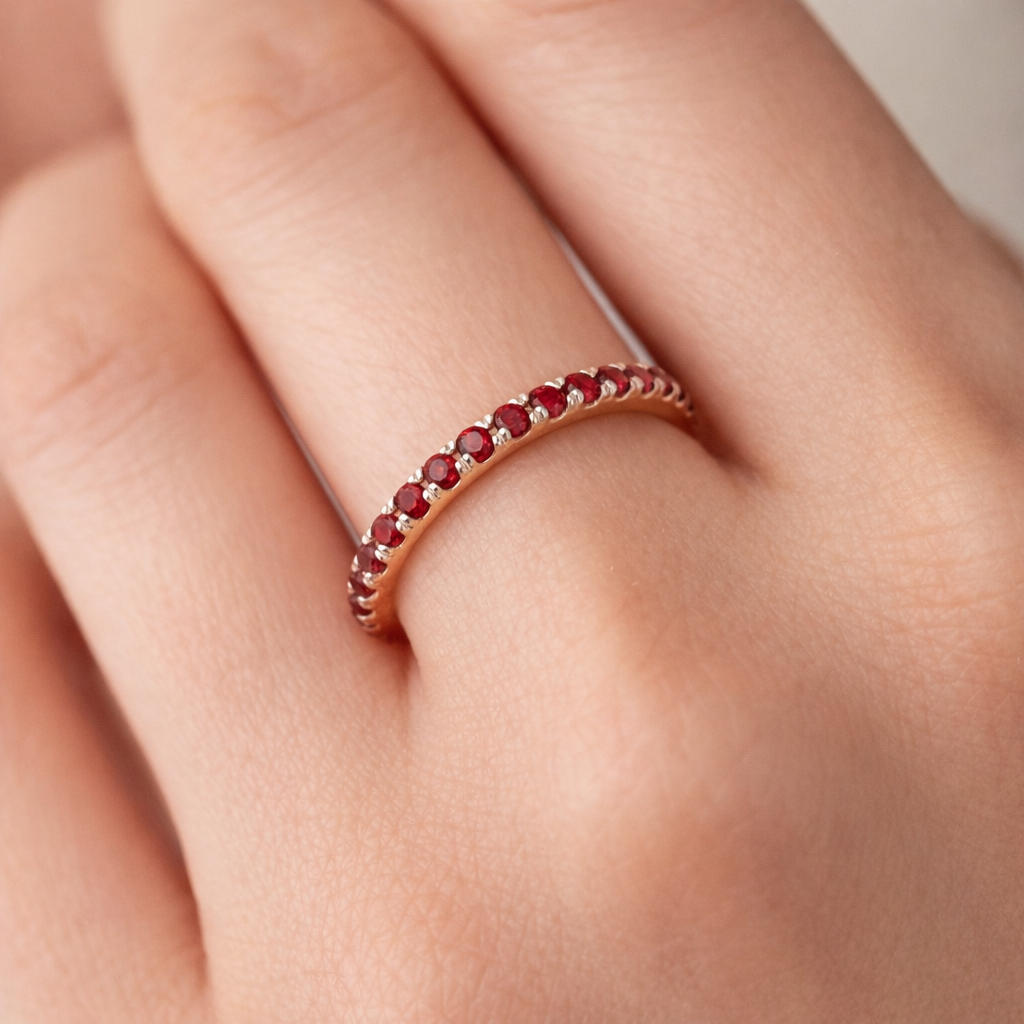 Yellow Gold Ruby Eternity Ring on Solid Sterling Silver 925 Hallmark Size K - S