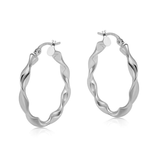 White Gold Twisted Hoop Earrings 25mm Hoops Hallmarked