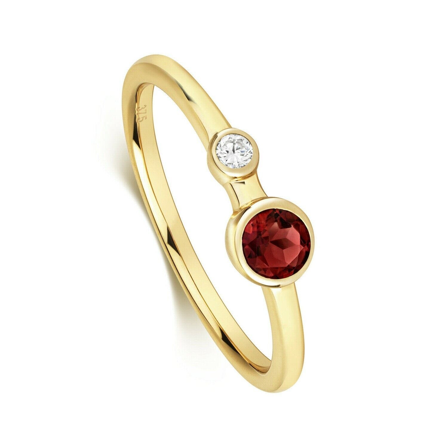 Real Garnet and Diamond Ring 9ct Yellow Gold Solitaire Smooth Set Band Size J-Q