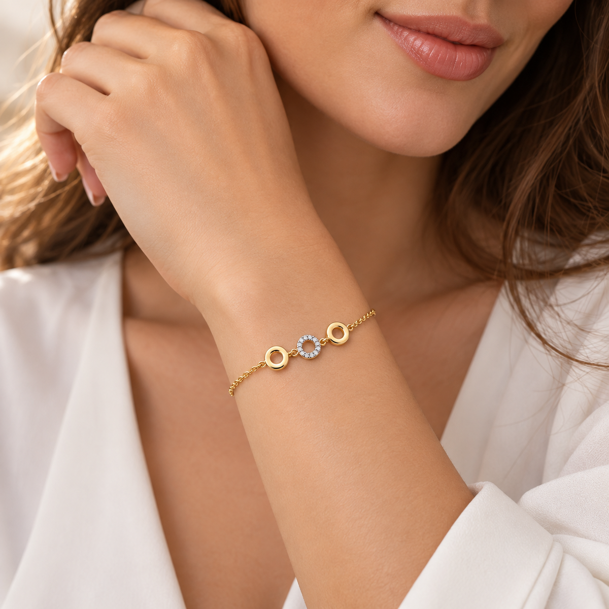 18ct Gold Triple Circle Charm Bracelet Adjustable on Solid Sterling Silver 925