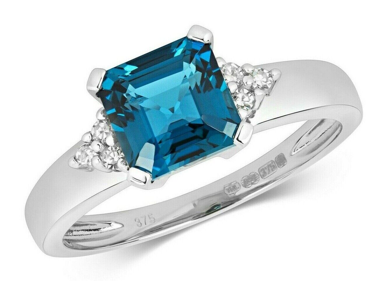 Real London Blue Topaz and Diamond Ring Solid White Gold Square Cut Solitaire