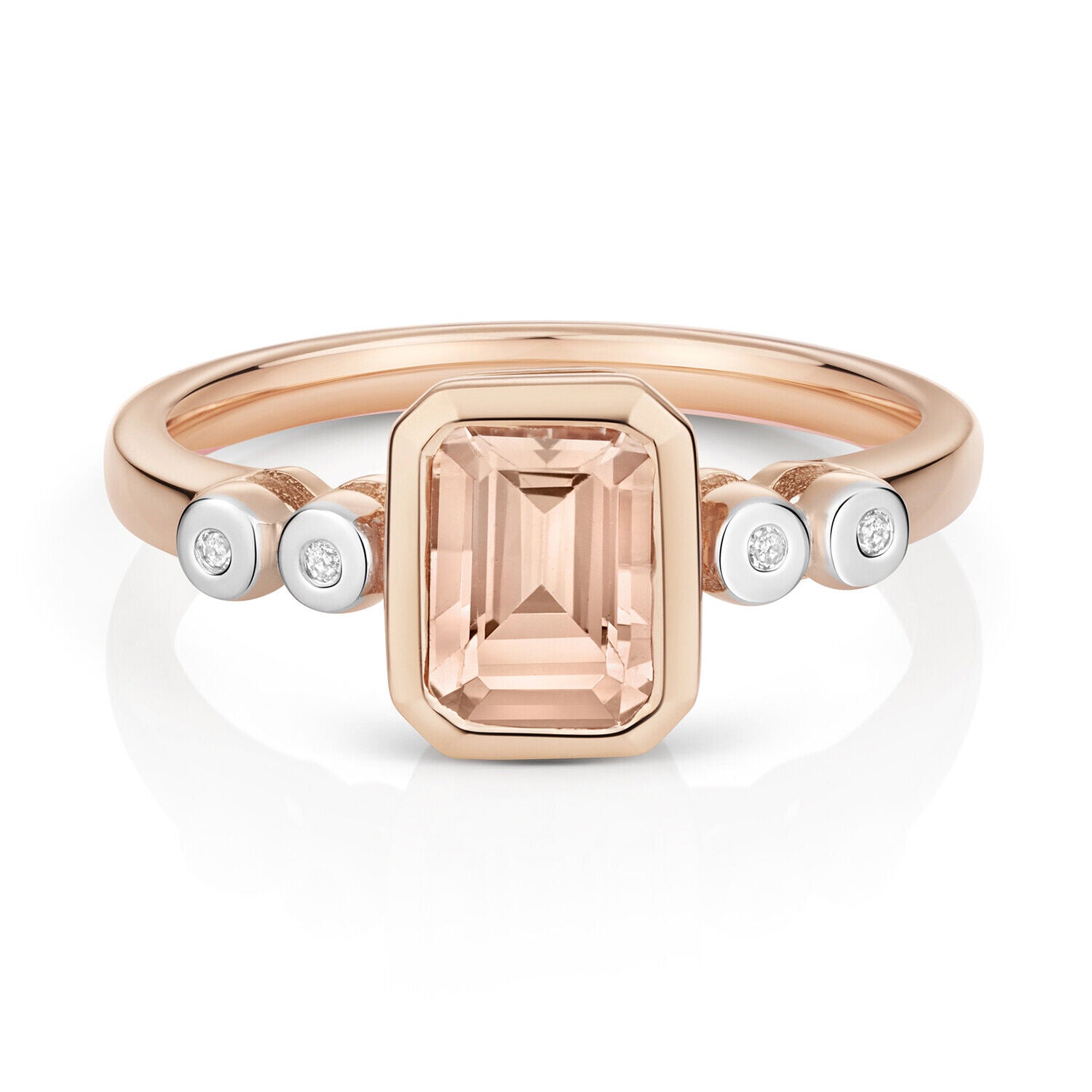 Morganite and Diamond Ring Solid Rose Gold Emerald Cut Smooth Set Solitaire
