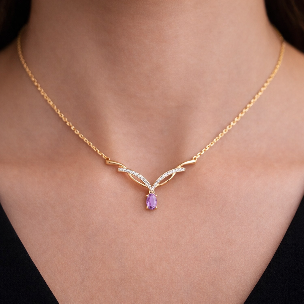 9ct Yellow Gold Amethyst Necklace With Diamonds 16.5" 42cm Length Chain