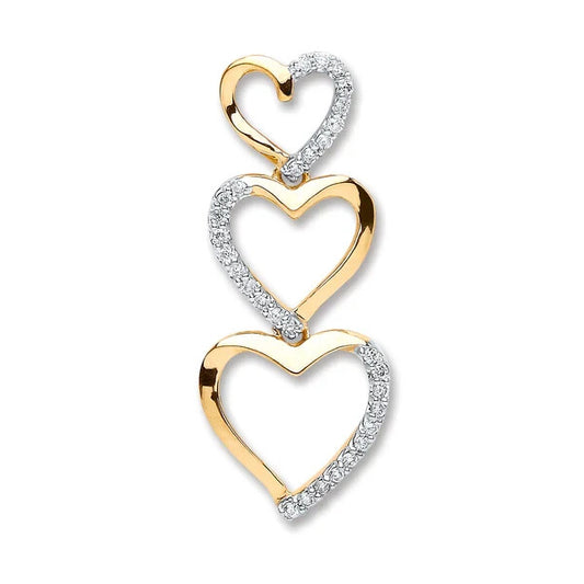 9ct Yellow Gold 0.15ct Diamond Three Heart Pendant Made in London