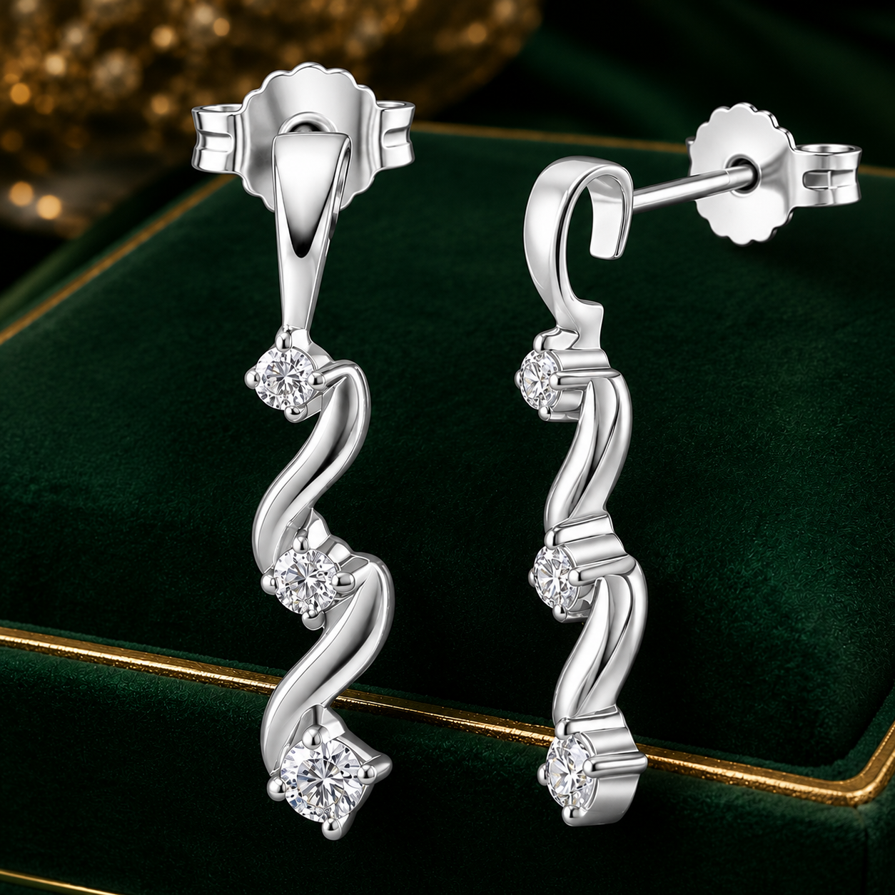 9K White Gold Diamond Twist Drop Dangle Earrings Round Cut Stud Earrings